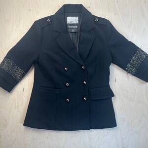 Kensie Black Double Breasted Blazer Jacket Military Style Beaded Sleeve Size SM